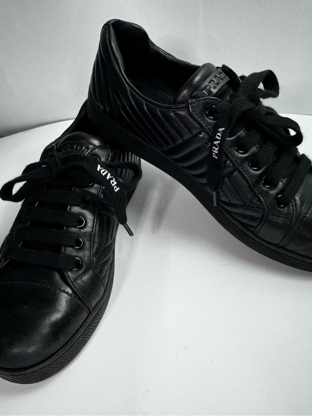 Prada Women’s Quilted Leather Sneakers Sz 37.5 US 7 Black Made Italy”
